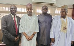 (L-R) Mr. Charles Ujomu, Chief Economist at Zenith Bank; Alhaji L.M. Faruk, NUC Director of Research and Innovation; Prof. Abdullahi Yusuf Ribadu, Executive Secretary of the NUC; and Prof. Olu Akinkugbe, President/Vice-Chancellor of James Hope University, during a courtesy visit to the NUC headquarters on April 23, 2026.