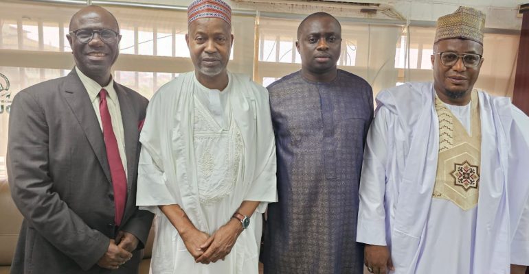 (L-R) Mr. Charles Ujomu, Chief Economist at Zenith Bank; Alhaji L.M. Faruk, NUC Director of Research and Innovation; Prof. Abdullahi Yusuf Ribadu, Executive Secretary of the NUC; and Prof. Olu Akinkugbe, President/Vice-Chancellor of James Hope University, during a courtesy visit to the NUC headquarters on April 23, 2026.